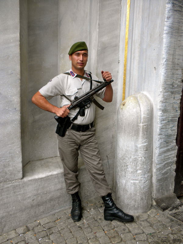 Turkish soldier on guard at The Blue Mosque...