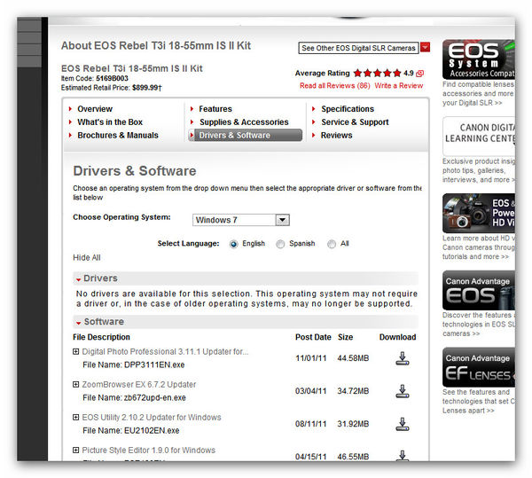Canon Web site page with all software...