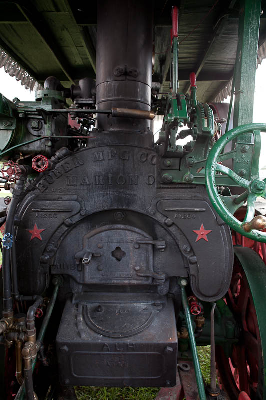 Cockpit of a coal-fired Huber traction engine, ca....