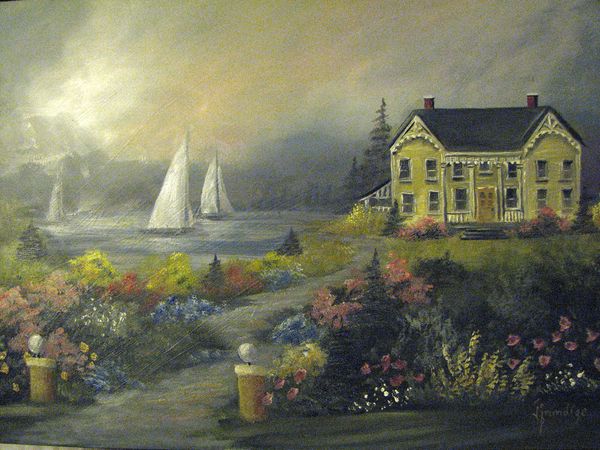 Oil painting. I love yellow houses...