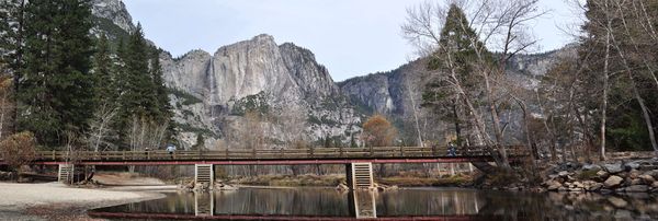 Yosemite Falls in forground and Bridal Veil falls ...