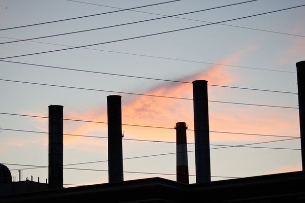 Smoke stacks from a power plant....
