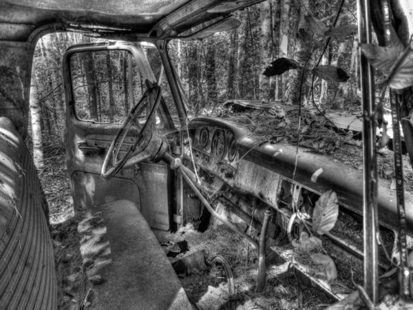 B&W inside view of Ford truck...
