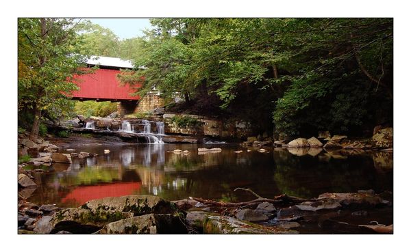 covered bridge, falls and reflecting pond......