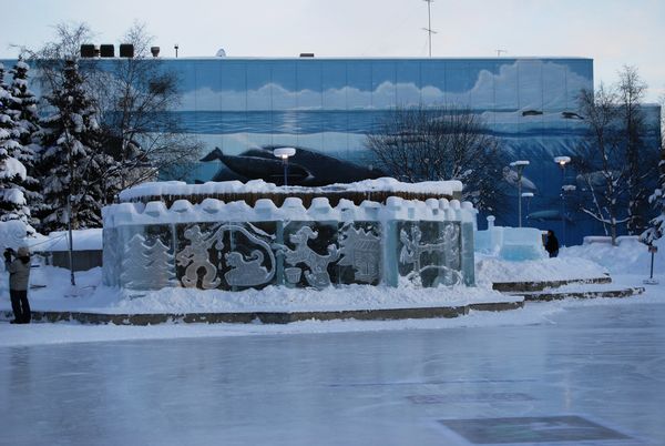 a mural and ice wall around the fountain...