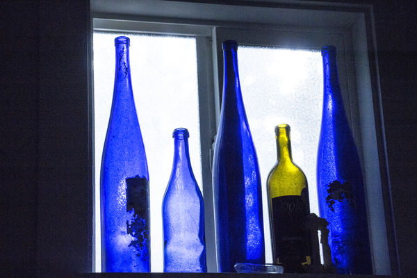Blue Bottles in my studio windo...