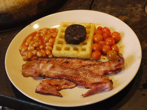 Bacon, waffle,beans, Black pudding& Toms...