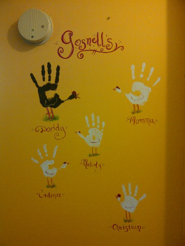 Kitchen wall with our family hand prints!...