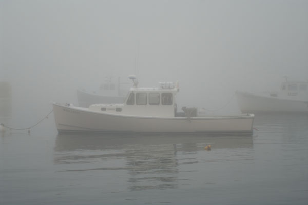 Fine water droplet fog shrouds a fishing fleet...