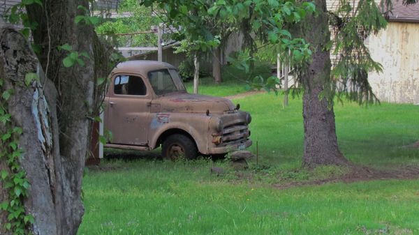 Here's an old truck parked next to an old barn in ...
