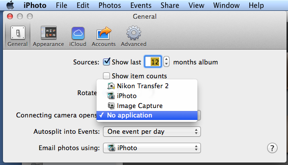 Open iPhoto Preferences / General / Connecting Cam...