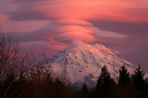Lenticular clouds stacking up over Mt. Rainier...