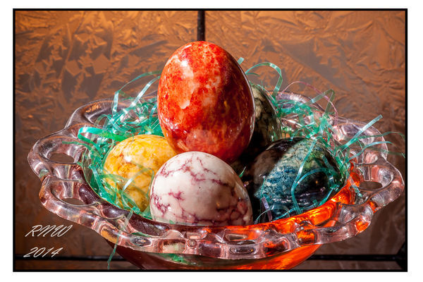 Marble Eggs backed by stained glass...