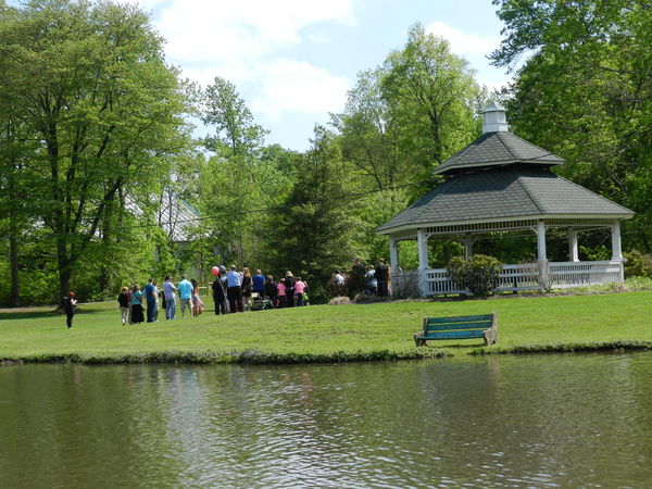 Wedding party getting photographed at the gazebo,...