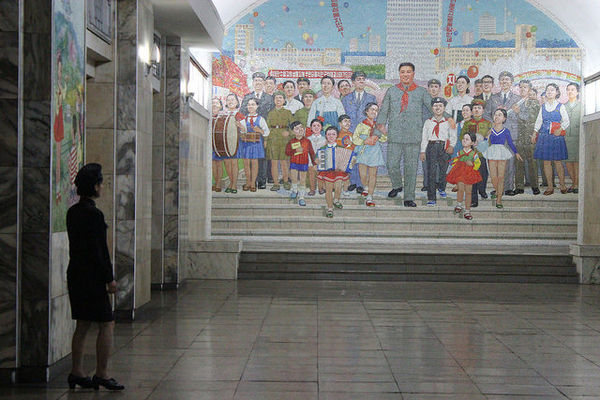 Propaganda at a Pyongyang Metro station...