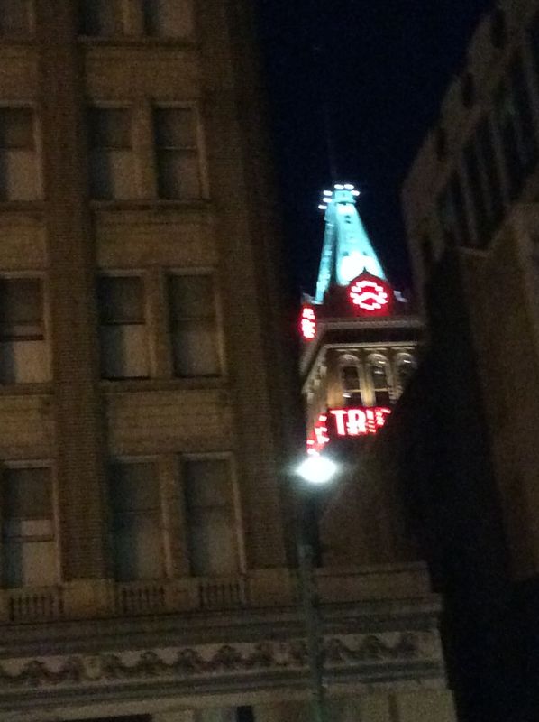 Tribune Tower at night from 11th street...