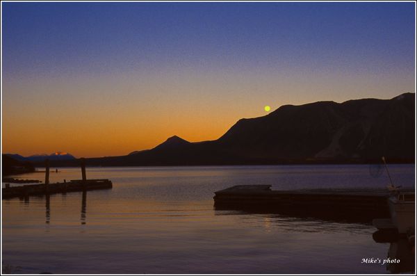 Moonset-Sunrise Atlin Lake, YT....