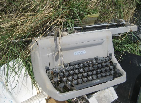 a discarded typewriter in the grass...