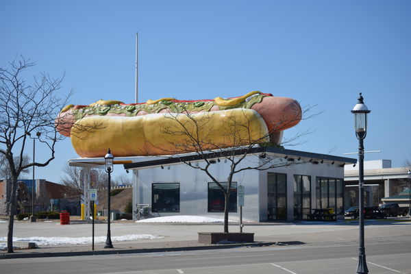 Giant hot dog in Mackinaw...