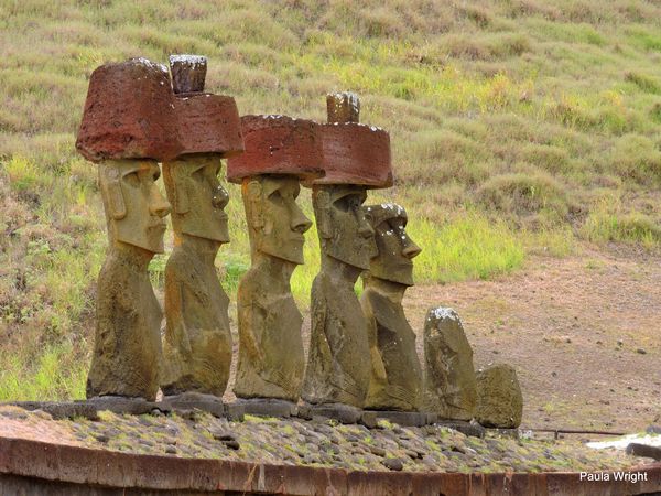 Moai with red toppers (pukao)...