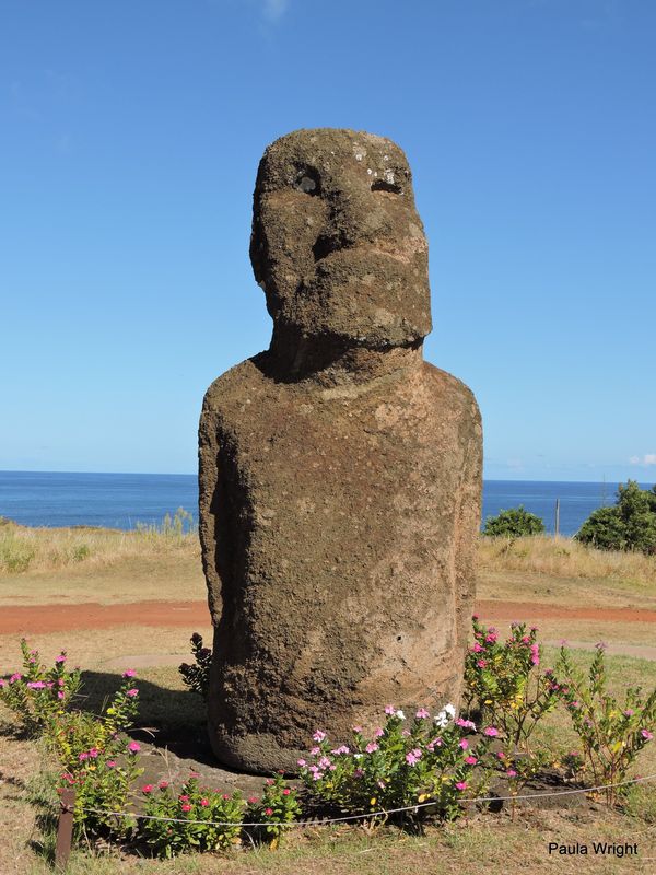 Moai by the beach - all face inland except one gro...