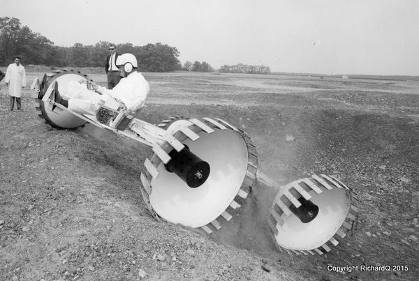 Prototype Moon Buggy, by Grumman Aerospace, climbs...