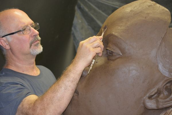 Sculptor at work in his studio in Honeoye, NY...