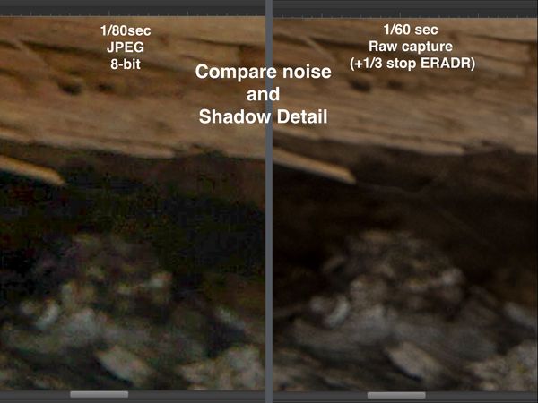 Compare for Noise and shadow detail...