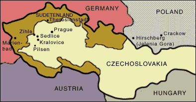 Arc-shaped Sudetenland region of Czechoslovakia...