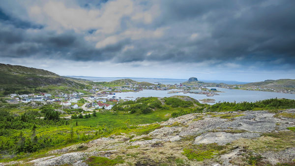 Town of Fogo and Brimstone Head (right of center)....