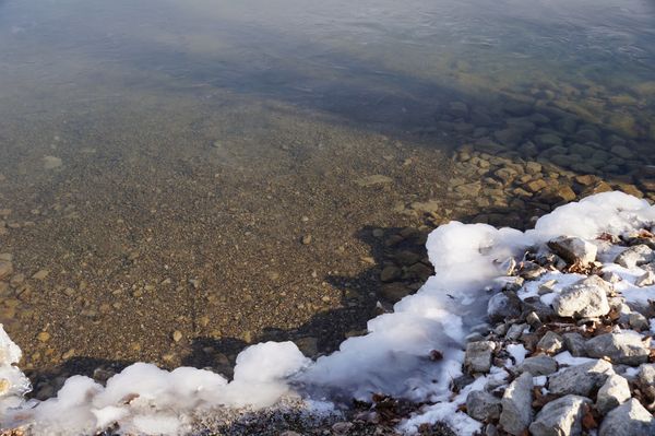 Thin but very clear ice. Fish can be seen swimming...