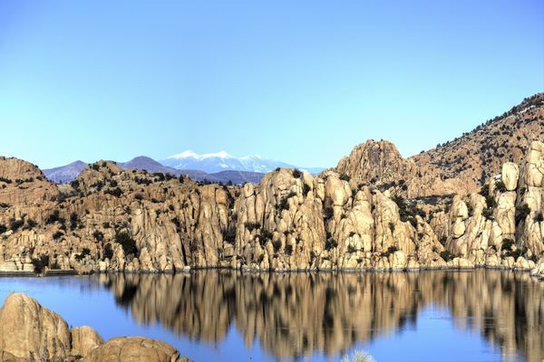 Watson Lake with the snow capped San Francisco Pea...