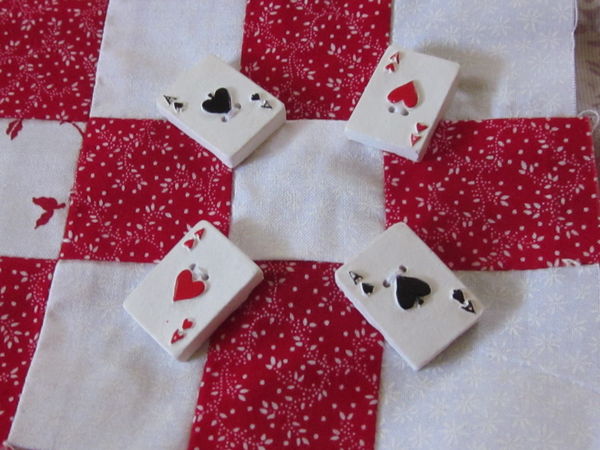 Close up of 9 patch with Heart & Spade Card button...