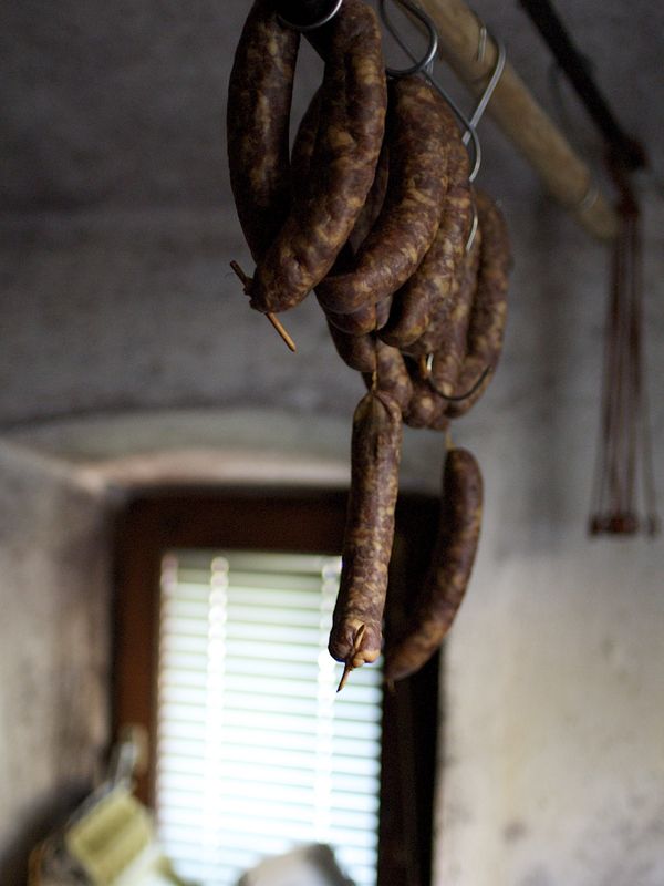 Kielbasa curing in the root cellar or cool room of...