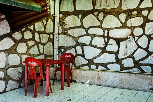 Outdoor seating at Rest Stop, Mexico Highway 1...