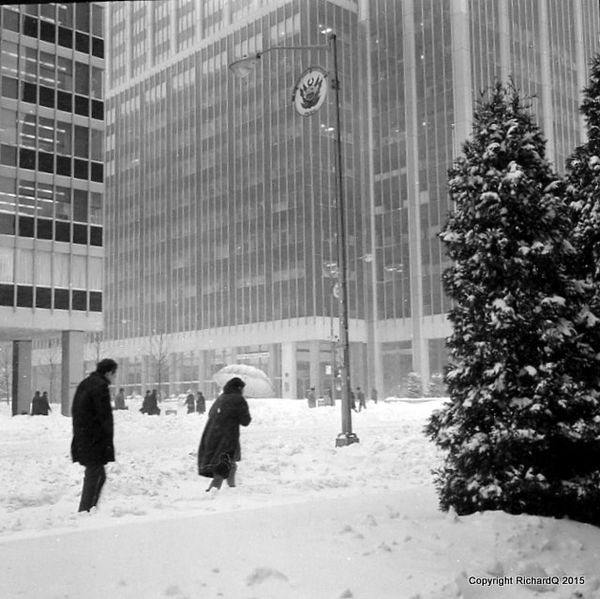 Manhattan snow storm with pedestrians (1970s)...