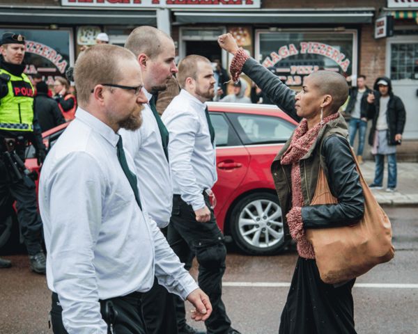 A single woman protest a Nazi march in Sweden...