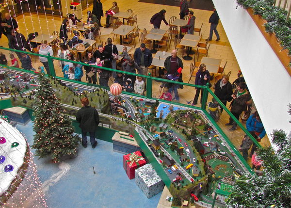 Looking down at Train Garden display at the mall...