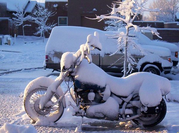 Spring snow on the Harley...