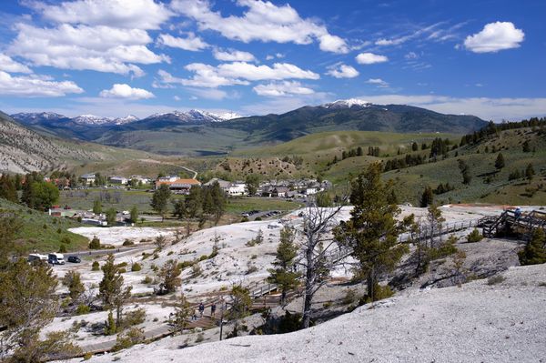 Mammoth Hot Springs Village from atop the springs....