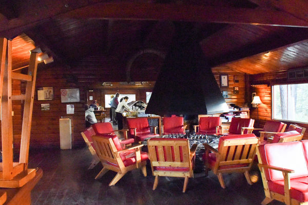 The lodge interior, dining area in the rear...