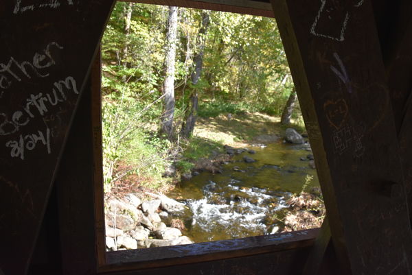 Looking through a window on the covered bridge...