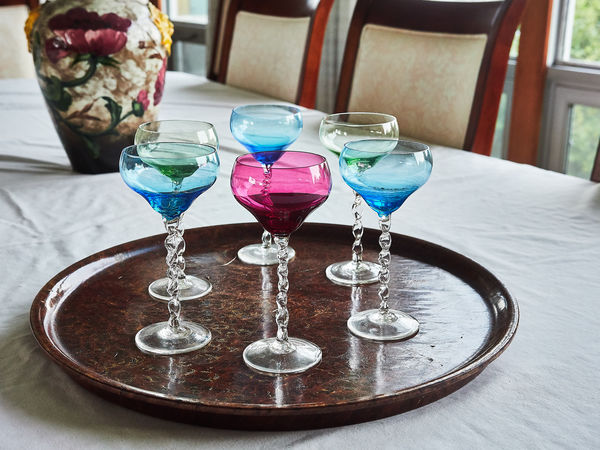 Vintage cocktail glasses in the guest house.  The ...