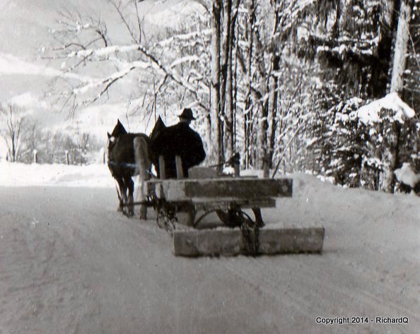 Two-horse team pulling snow-plow in Berchtesgaden,...
