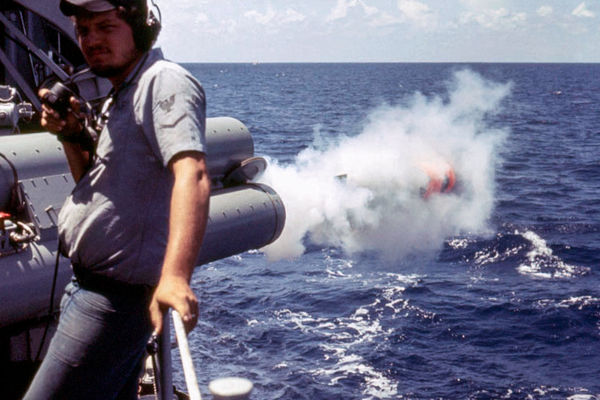 Launching a torpedo during weapons tests in the Ca...