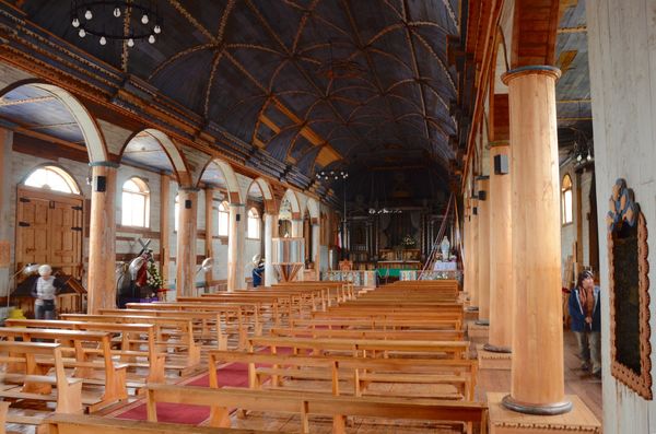 Interior of wooden church on Chiloe island (see pi...