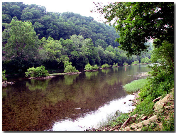 Greenbrier River with manmade logging piers...