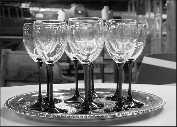 4. Wine glasses on metal tray....