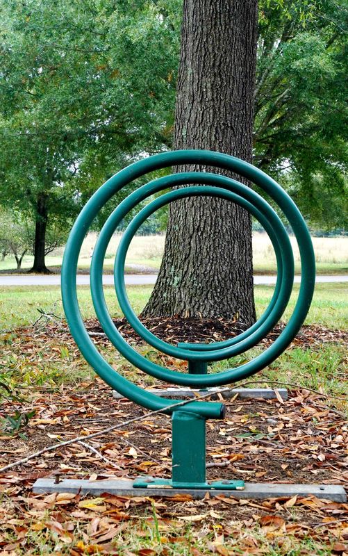 A spiral bike rack can look like hoops framing a t...