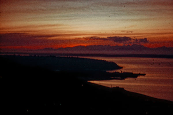 Sunset from, the Space Needle in 1965. Argus C3. T...